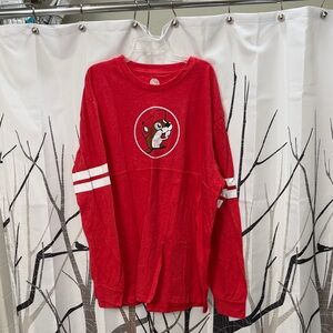 Red Long Sleeve Graphic Tee with Striped Sleeves